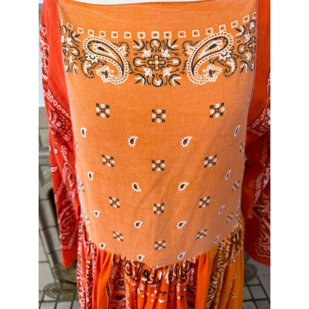 Handmade Orange Bandana Patchwork Midi Dress Bell Sleeve Paisley Boho S/M - Picture 3 of 11